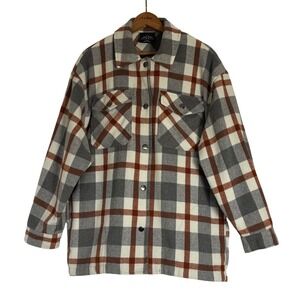 HFX Plaid Shacket Mens M Grey Rust Orange Snap Front Flannel Shirt Jacket